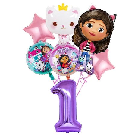 Gabby Dollhouse Fødselsdagsfestartikler: Rosa Gabby Kat-kopper, tallerkener, servietter, balloner, baggrund-FA-