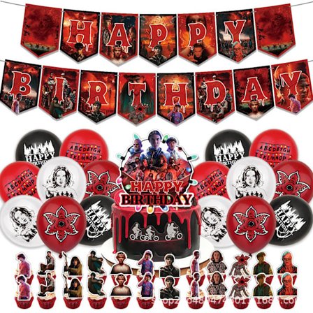 Stranger Things Sesong 5 Bursdagsfestdekorasjoner – Banner Kaketopper Ballonger Sett B