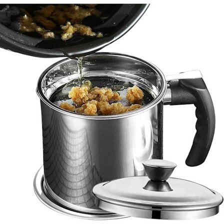 Fedtbeholder i rustfrit stål med fintmasket si, låg og letgribeligt håndtag, til opbevaring af fritureolie i køkkenet, 1,3 liter.