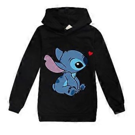 Barn Hoodie med Lilo och Stitch Tryck, Långärmad, Huvtröja (7-8 År Svart)