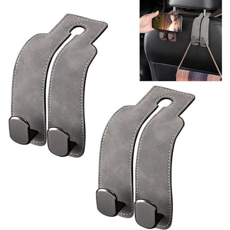 ING Bil Hodestøtte Krok, Baksetekrok, Baksete Organizer, Skinnkrok for Lommebøker, Vesker og Mobiltelefoner (Grå, Pakke med 2)
