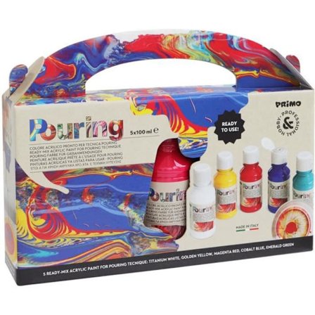 PRIMO 4002P5S Käyttövalmis akryylimaali kaatotekniikkaan, 100 ml pullo mittakorkilla, 5 väriä.