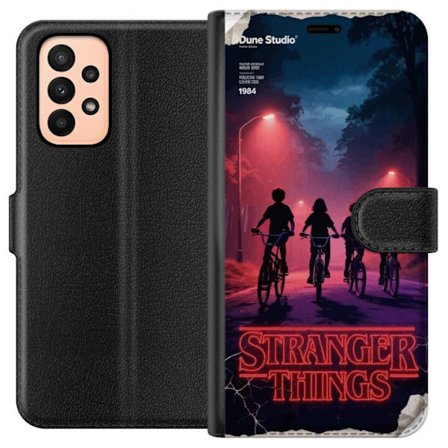 Kompatibel Tegnebogsetui til Samsung Samsung Galaxy A23 Stranger Things mørk fantasyillustration med børn og ur dramatisk rød skræmmende design in