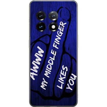 Kompatibel Mobilcover til OnePlus 11R Mørk typografisk illustration med hjerteform og budskab om venskab mod dybblå trætekstur