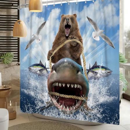 Morsom dusjforheng med bjørn som rir på hai - Dusjforheng for barn - Bad med brølende dyr - Dusjforhengsett med fisk og måke - 60x72 tommer