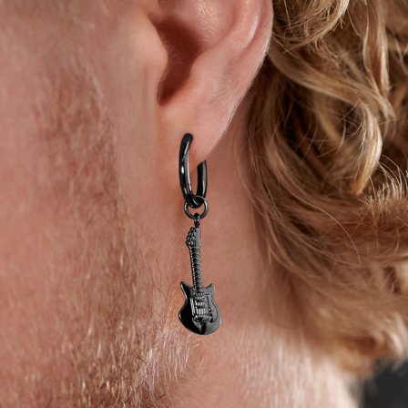 Boucle d'oreille en acier noir avec pendentif guitare pour hommes - Boucles d'oreille avec pendentif