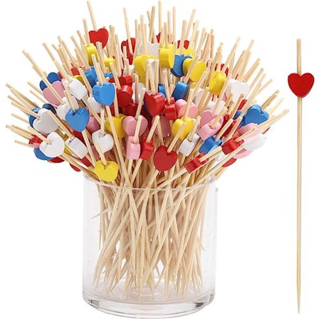 200 stk. Hjerte Cocktailpinde 12 cm Håndlavede Hjerte Tandstikkere Sandwich Frugt Tandstikkere Cocktailpinde til Festartikler (Multifarvet Hjerte)