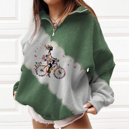 Kvinnor Print T-shirt Dragkedja Color Block Christmas Sweatshirt