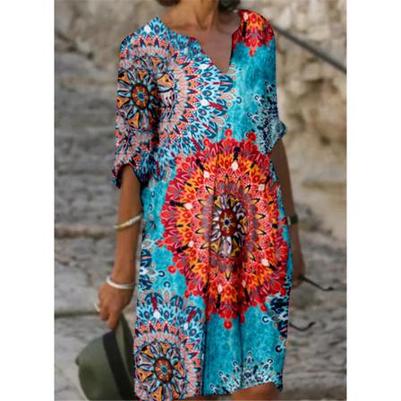Print Blommig Vintage Klänning Kvinnor Sommar Casual V-ringad Halv Sleeve