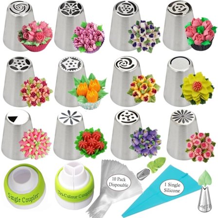 12-delt russisk sprøytespiss-sett, profesjonelle kakedekorasjonsverktøy, matvaregodkjent rustfritt stål, non-stick silikonkonditorpose, 