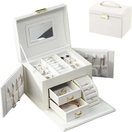 Smyckeskrin för kvinnor, 3-vånings smyckesorganisatör i PU-läder med spegel