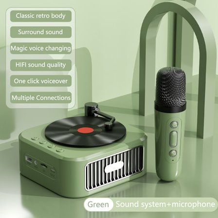 Grøn + 1 Mikrofon - Nyt Design Bærbar Mini CD-afspiller Klassisk Retro Trådløs BT Stereo Højttalere Tung Bas FM USB Flash Drive TF Håndfri