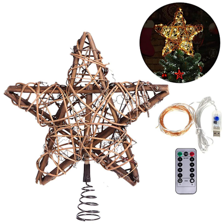 Christmas Star Tree Topper med 30 led varmvita kopparljus Vintage rotting Naturlig julpynt för julgransbord Öppen spis