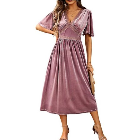 Kvinnors Sammets V-hals Klänning, Kortärmad Casual Fest Maxiklänning
