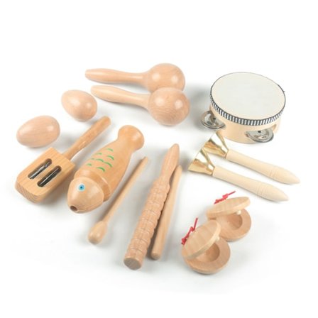Musikinstrumenter til småbørn - Naturlige træpercussioninstrumenter - Børns førskolemusikalske legetøjssæt til drenge og piger med opbevaringspose
