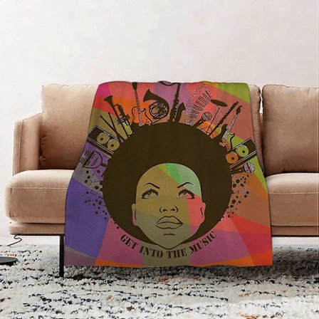 Premium Flanell Filt - Musikillustration av Amerikansk Ung Kvinna Porträtt med Musikinstrument flanell Filt Sofföverdrag, Filt Fluff