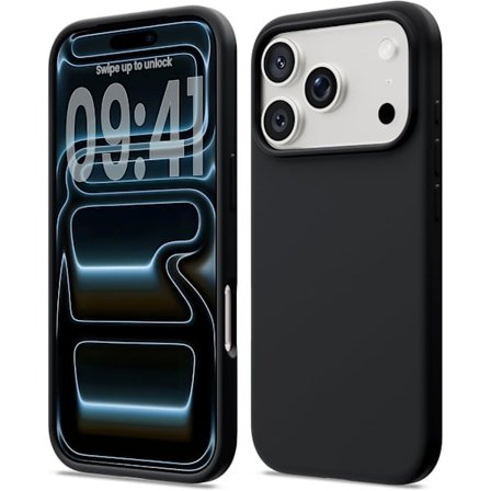 Flydende silikone etui til iPhone 17 Pro, Stødsikkert blødt telefoncover, Fuld beskyttelse, Sort