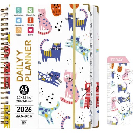 2026 Planner A5 Spiralbundet Ugentlig To-Do Liste Januar til December med Pen Løkke Bogmærker Klistermærker Lys Pink Kat Design