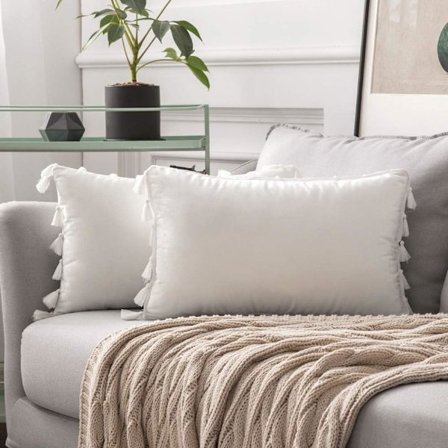 2 kpl Pehmeitä Samettisia Koristetyynynpäälliä, Tasselit, Boho-Tyyli, Sohva/Sänky, 30x50cm, Puhdas Valkoinen