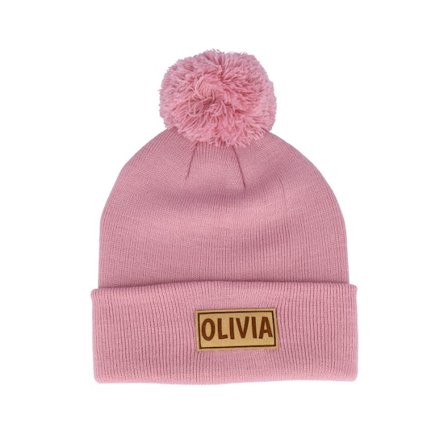 Kinder Beechfield - Rosa pom Mütze - Kinder Engraved Suede Patch Dusky Pink Pom @ Hatstore