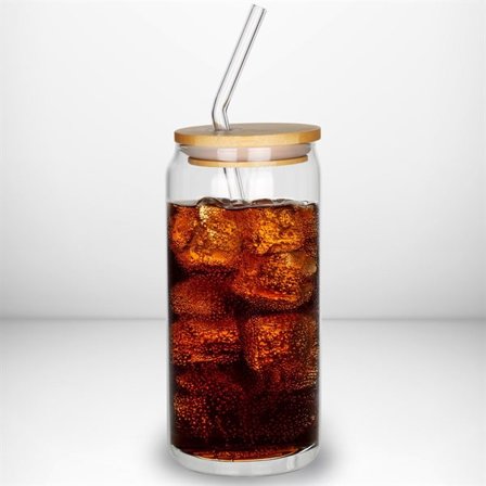 Glasskrus 460 ml med bambuslokk og sugerør – til kalde og varme drikker