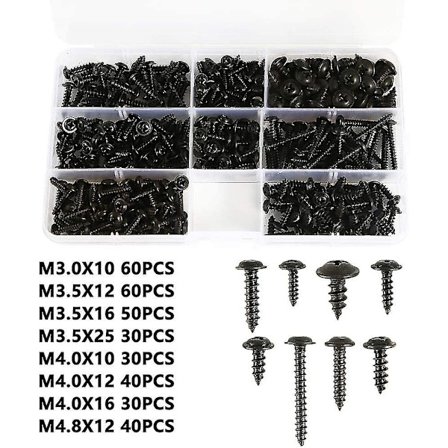 340 stk. Selvspændende Sorte Plade Skruer, Selvspændende Rustfrit Kulstofstål Skrue Flade Hoved Skruer Korshoved Træ Størrelse: M3.0-m4.8