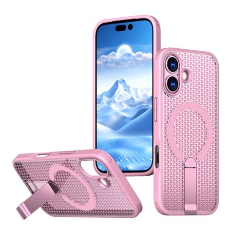 Kompatibel med iPhone 17 kølende og åndbart telefoncover, magnetisk sugekop med beslag telefoncover, kreativt anti-drop telefoncover pink