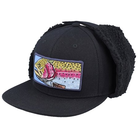 Skillfish - Sort earflap Kasket - Big Rainbow Trout Vintage Black Ear Flap Snapback @ Hatstore