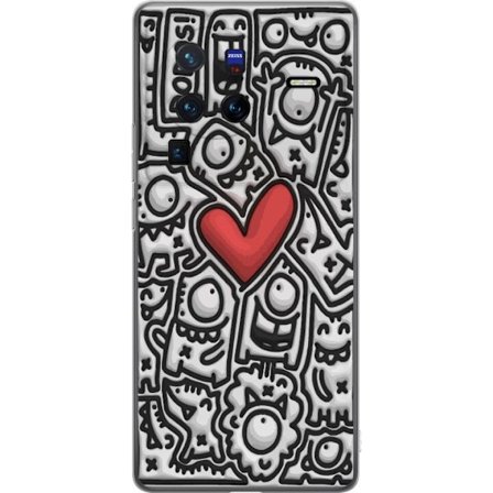 Kompatibel Mobilcover til vivo vivo X80 Pro Abstrakt sort-hvid doodle-mønster med figurer og rødt hjerte, kunstnerisk grafisk illustration