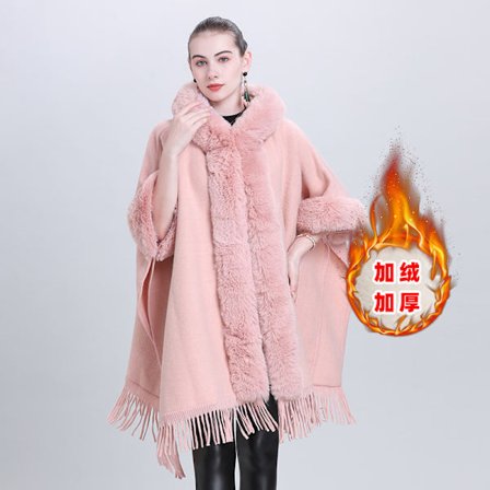 Höst- och vintertrendig cape sjal plus sammet förtjockad pälskrage rutig huva tofs stickad sjal cape