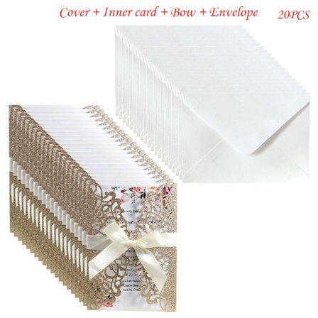 20 stk. Glitter Hul Invitationskort med Konvolutter og Bånd for Bryllupsinvitasjon