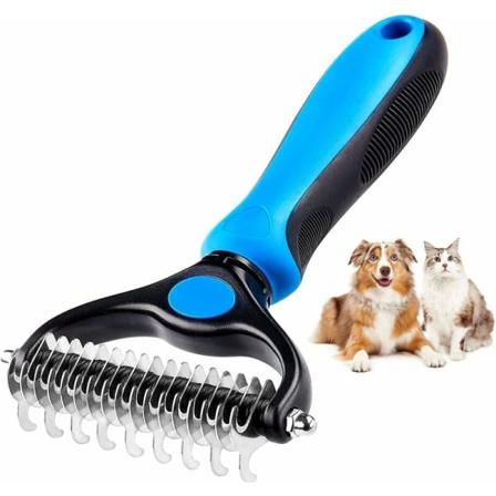 Katt- och hundborste, dubbelsidig rostfri stålkarda för underullsborttagning, blå