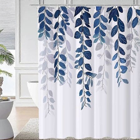 Blå Löv Duschdraperi 180x200 Vattentätt Polyestertyg