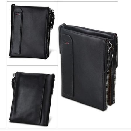 (Svart) Dobbel lommebok i sammenleggbart skinn for menn med glidelås (svart)