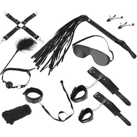 Bondage Kit BDSM med bl.a Handklovar / Ögonbindel / Piska
