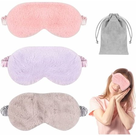 Sovemasker for øynene - Pakke med 3, Myk og Fluffy, med reiseveske, for kvinner og barn (Rosa/Lilla/Grå)