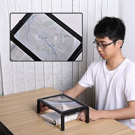 A4 kokoinen 3x jättimäinen pöytäsuurennuslasi 4 LED-valolla