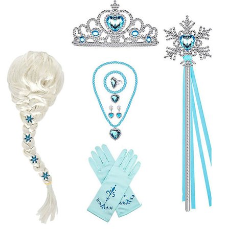 Elsa Prinsesse Kjole Tøj Cosplay Kjole Op Klædning Handsker Tryllestav Krone Smykker Sæt Elsa Paryk Halsk Fletning