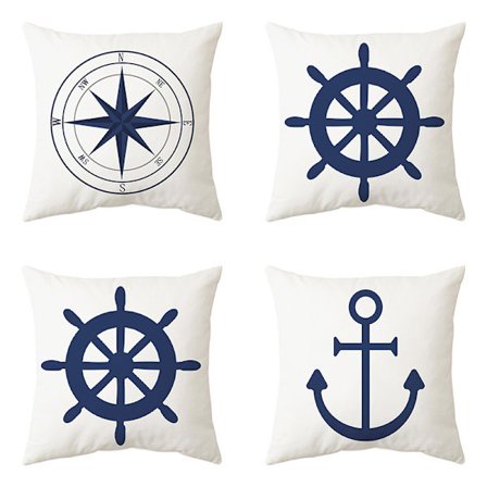 Sett med 4 nautiske putetrekk, marint ankermønster, 45 x 45 cm