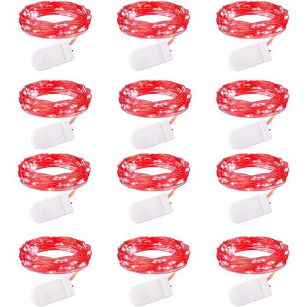 12x Røde Fe Lys - LED Lys - Julelys - Juletræslys - Batteridrevet - Mini Lampe - Kobbertråd - Dekorative Fe Lys -