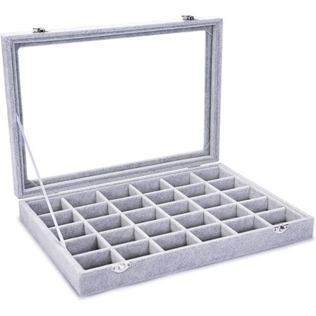 30 Fack Sammetsklädd Glas Smyckesring Armband Display Organiser Case Holder Örhängen Förvaringslåda