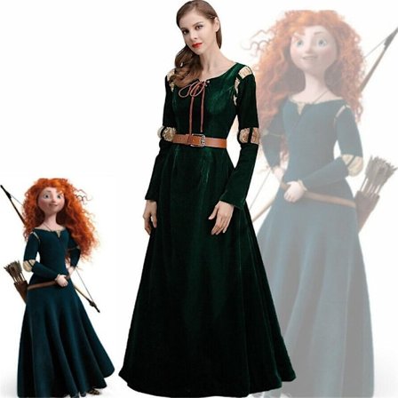Dame Brave Merida Prinsesse Cosplay Kostumesæt Kjole + Bælte Halloween Fest Fancy Kjole-WELLNGS