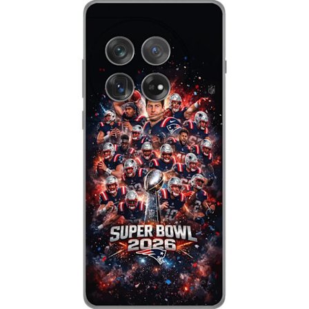 Yhteensopiva Puhelinkuori OnePlus 12 Super Bowl 2026 juliste, jossa New England Patriots ja NFL-mestaruuspalkinto räjähtävän urheilullisessa suunnitte