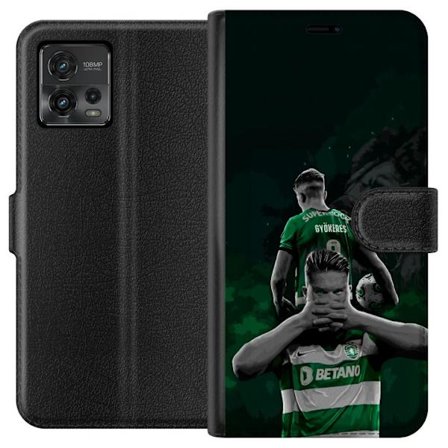 Yhteensopiva Lompakkokotelo Motorola Moto G72 Neonmotiivi, jossa teksti "Gaming is in my DNA" sinisenä ja punaisena tiiliseinällä, jossa loistava DNA-