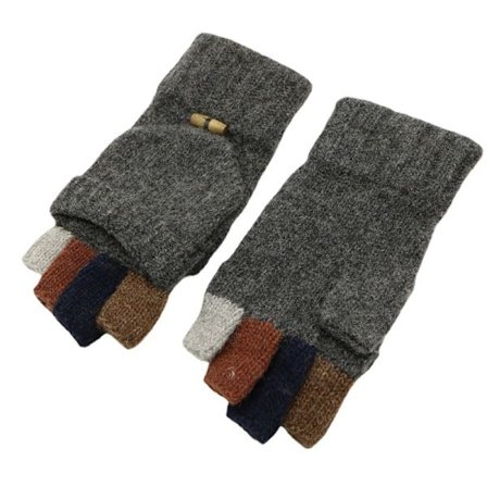 Varmforede strikkede ullhansker for menn, halvfinger, med filt, mørkegrå