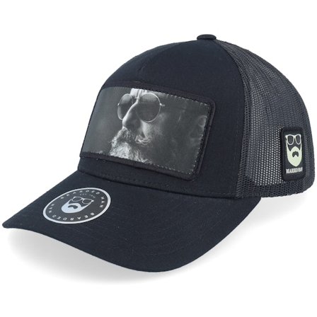 Bearded Man - Shades And Beard Patch Black A-Frame Trucker Trucker Black Cap - @ Hatstore