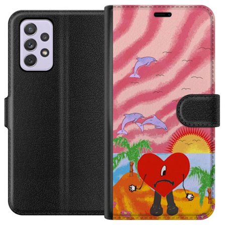 Kompatibelt Lommeboketui til Samsung Galaxy A52s 5G Bad Bunny i en fargerik quiltet jakke med hjertemønster og solbriller i moderne gatestil