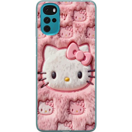 Kompatibelt Mobildeksel til Motorola Moto G22 Hello Kitty rosa fluffy bakgrunn med ikoniskt ansikt og kawaii-estetikk
