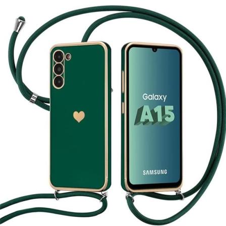 Fodral för Samsung Galaxy A15 4G-5G, stötsäker mjuk silikon med kärleksplätering och dragsko, midnattsgrön