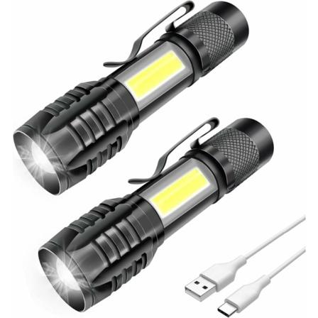 2 kpl ladattavaa LED-taskulamppua, tehokas ammattimainen, 3 zoomaustilaa, COB-pieni LED-tasku magneetilla, IP5-vedenpitävä sotilasleirintään,